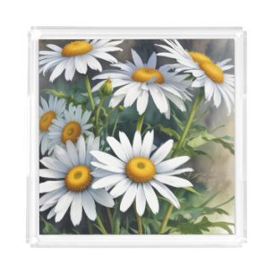 Daisies Bunch of Flowers Elegant Watercolor Acrylic Tray