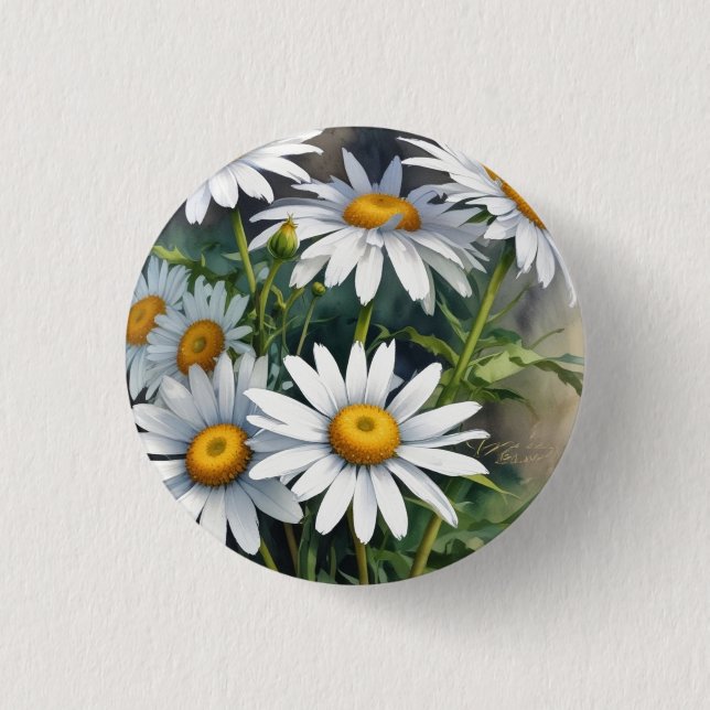 Daisies Bunch of Flowers Elegant Watercolor Button (Front)