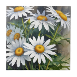 Daisies Bunch of Flowers Elegant Watercolor Ceramic Tile