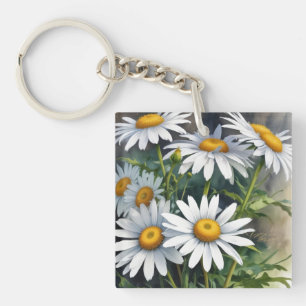 Daisies Bunch of Flowers Elegant Watercolor Keychain
