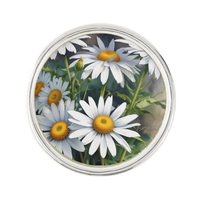 Daisies Bunch of Flowers Elegant Watercolor Lapel Pin (Front)