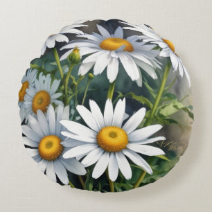 Daisies Bunch of Flowers Elegant Watercolor Round Pillow