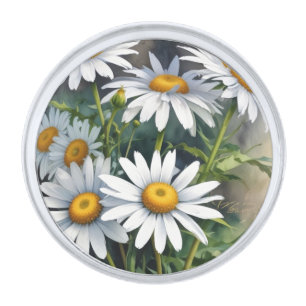 Daisies Bunch of Flowers Elegant Watercolor Silver Finish Lapel Pin