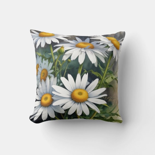 Daisies Bunch of Flowers Elegant Watercolor Throw Pillow (Front)