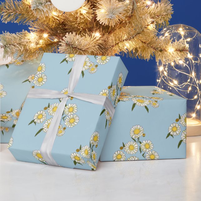 Daisies Chamomile Plant Flowers with Blue Nature  Wrapping Paper (Holidays)