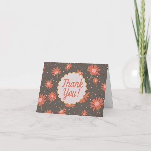 Daisies Coral Pink Brown Flower Pattern Thank You Card (Front)