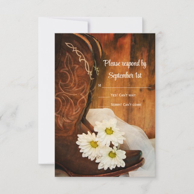 Daisies Cowboy Boots Country Western Wedding RSVP (Front)