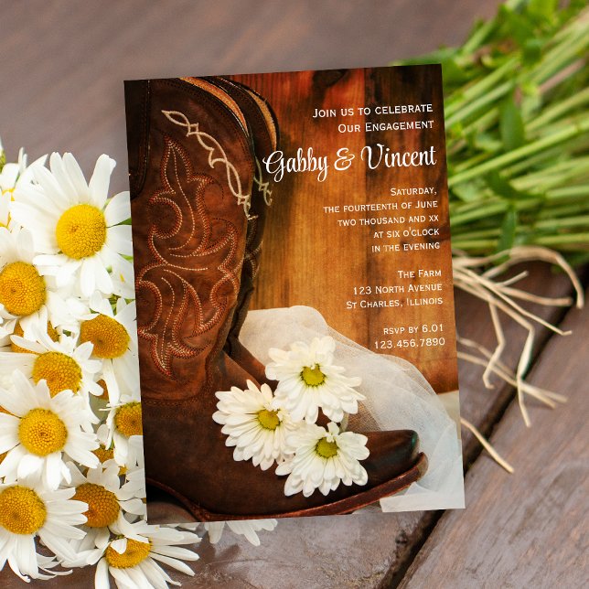 Daisies Cowboy Boots Western Engagement Party Invitation (Creator Uploaded)