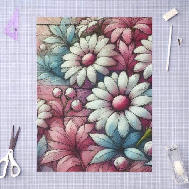 Daisies Daisy Pink White Blue Floral Decoupage Tissue Paper (Craft)