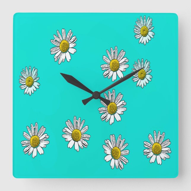 Daisies drawn square wall clock (Front)