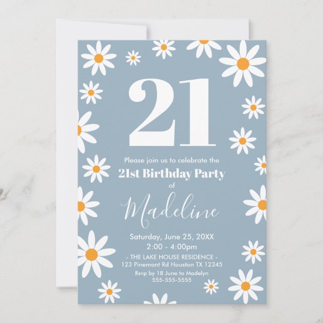 Daisies Dusty blue Birthday Party Invitation (Front)