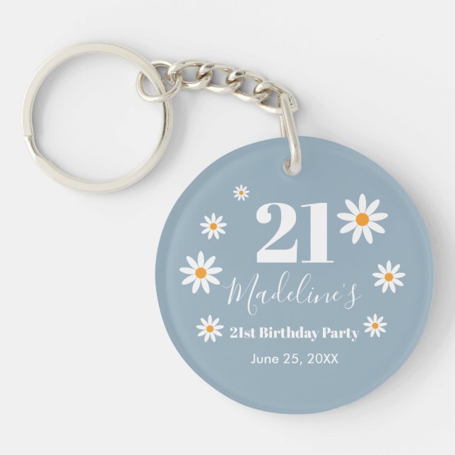 Daisies Dusty blue Birthday Party  Keychain (Front)
