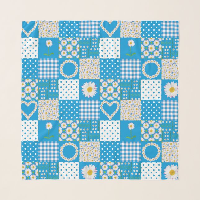 Daisies Faux Patchwork Floral, Polka Dots, Gingham Scarf (Front)
