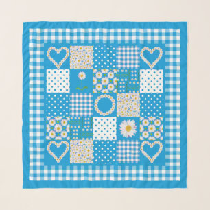 Daisies Faux Patchwork, Polka Dots, Gingham Border Scarf