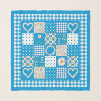 Daisies Faux Patchwork, Polka Dots, Gingham Border Scarf