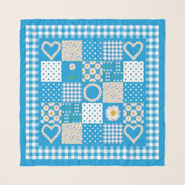 Daisies Faux Patchwork, Polka Dots, Gingham Border Scarf (Front)
