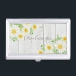 Daisies Faux Wood Personalized Name  Business Card Case<br><div class="desc">Add your name to this business card case with watercolor daisies on a vintage white wash faux wood look.</div>