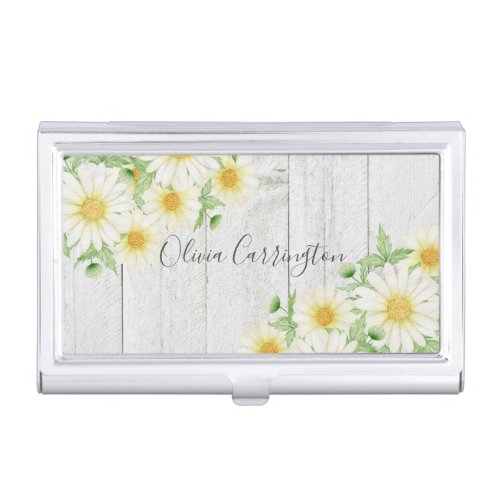 Daisies Faux Wood Personalized Name  Business Card Case