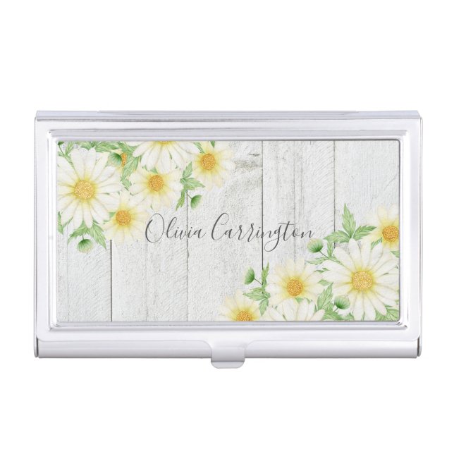 Daisies Faux Wood Personalized Name  Business Card Case (Front)