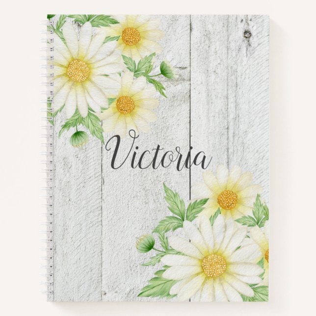 Daisies Floral Personalized Script Rustic Notebook (Front)