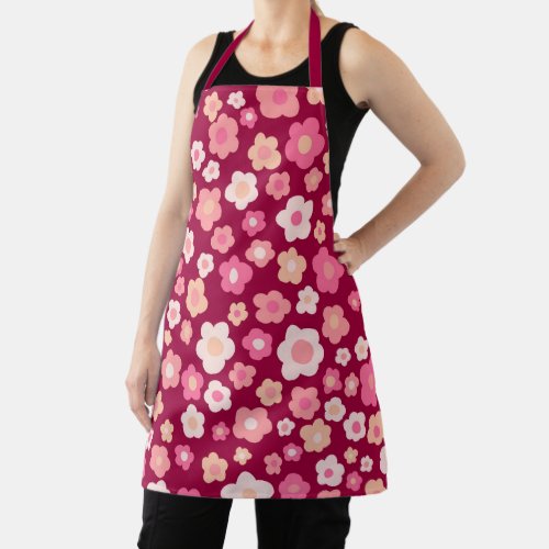 Daisies Floral Spring Unique Pink Red Bold Retro Apron