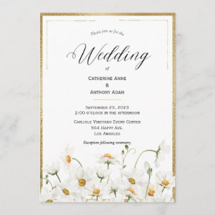 Daisies Floral Watercolor Gold Wedding Invitation