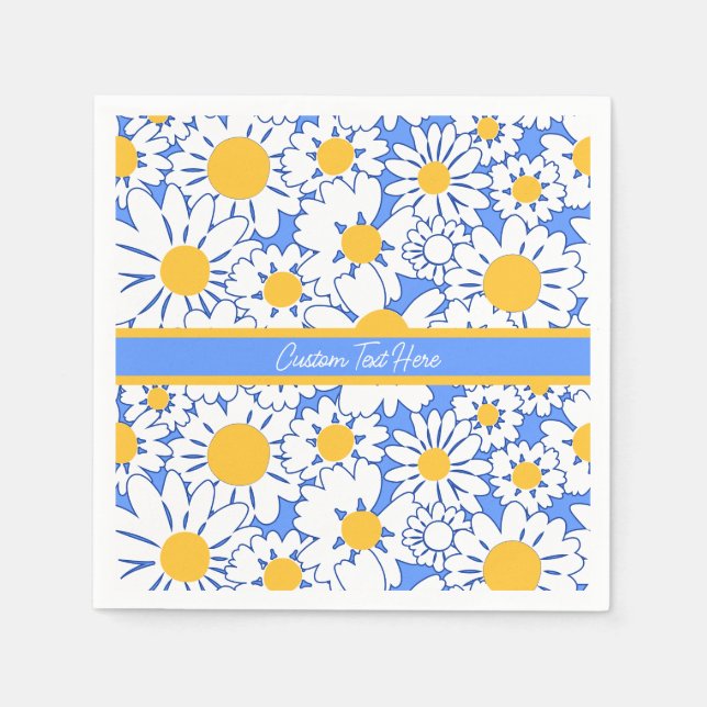 Daisies Flowers Blue White Floral Personalized Napkins (Front)