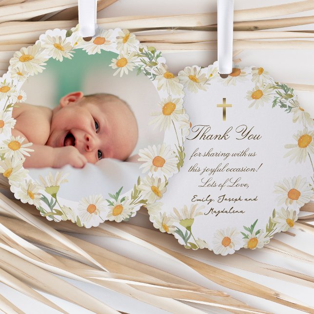 daisies frame Baptism thank you  Ornament Card (Creator Uploaded)