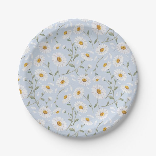 Daisies (Gainsboro) – Watercolor Floral Pattern Paper Plates (Front)