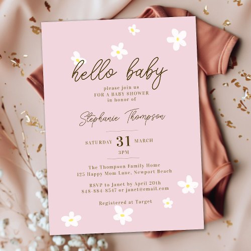 Daisies Hello Baby Spring Pink Boho Girl Shower Invitation