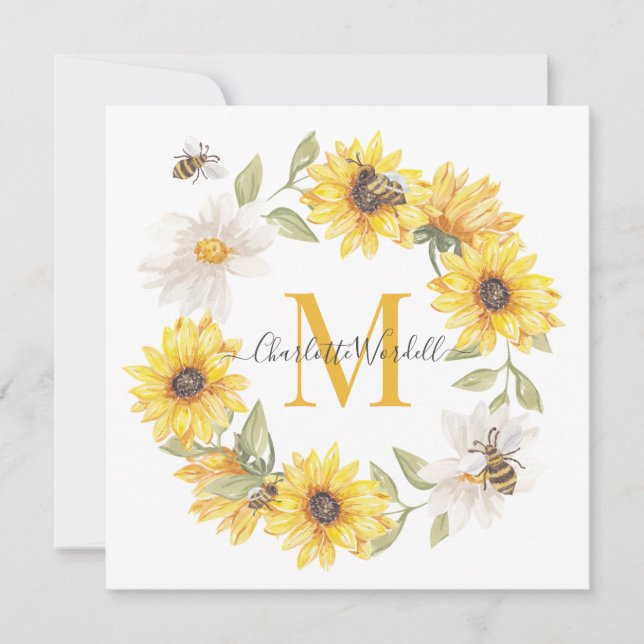 Daisies Honey Bees Monogram  Note Card (Front)