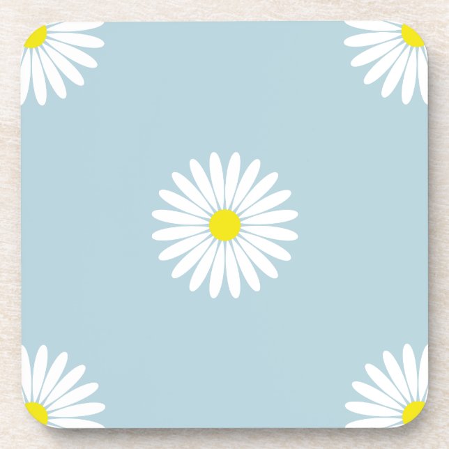 Daisies Illustrative Lg Pattern on Pale Blue Beverage Coaster (Front)