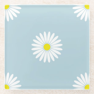 Daisies Illustrative Lg Pattern on Pale Blue Glass Coaster
