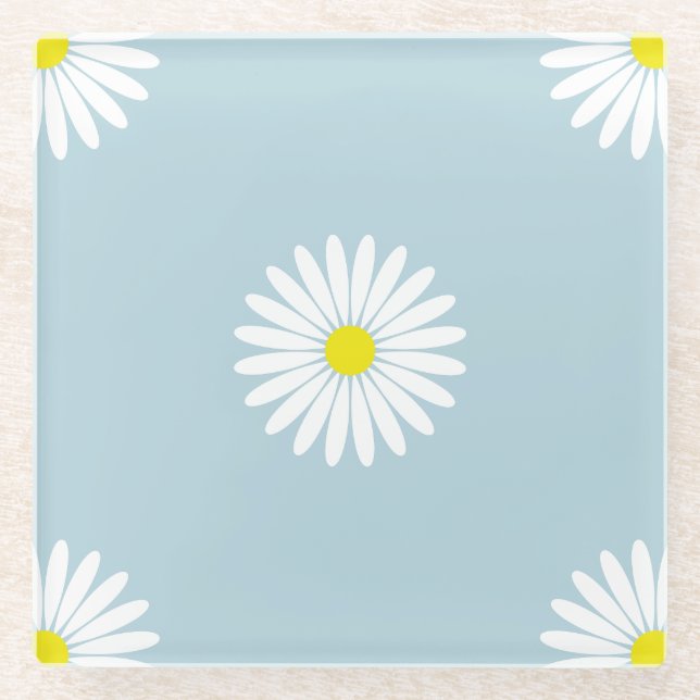 Daisies Illustrative Lg Pattern on Pale Blue Glass Coaster (Front)