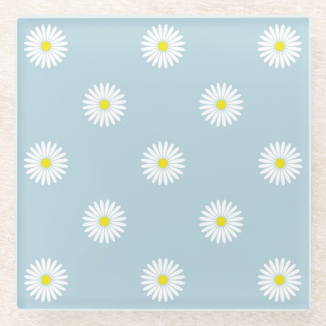 Daisies Illustrative Pattern on Pale Blue Glass Co Glass Coaster (Front)