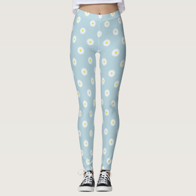 Daisies Illustrative Pattern on Pale Blue Leggings (Front)