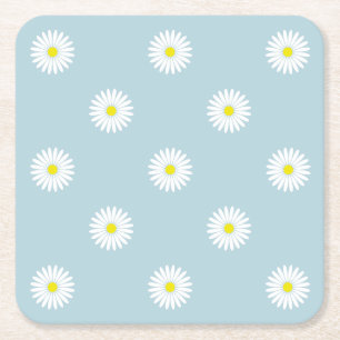 Daisies Illustrative Pattern on Pale Blue Square Paper Coaster