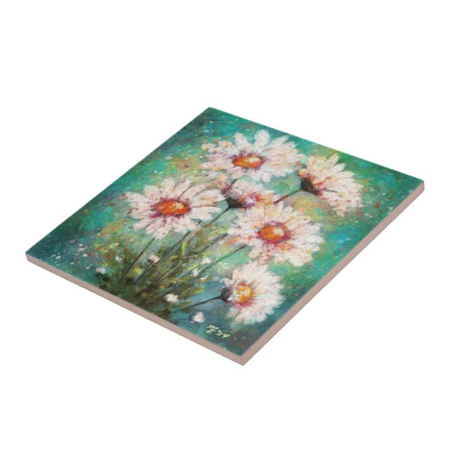 Daisies Impressionistic Floral Painting Teal Green Ceramic Tile (Side)