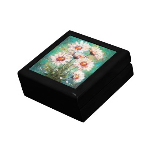 Daisies Impressionistic Floral Painting Teal Green Gift Box