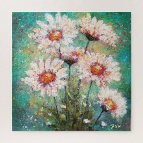 Daisies Impressionistic Floral Painting Teal Green Jigsaw Puzzle