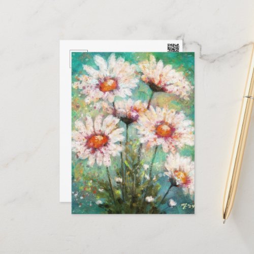 Daisies Impressionistic Floral Painting Teal Green Postcard