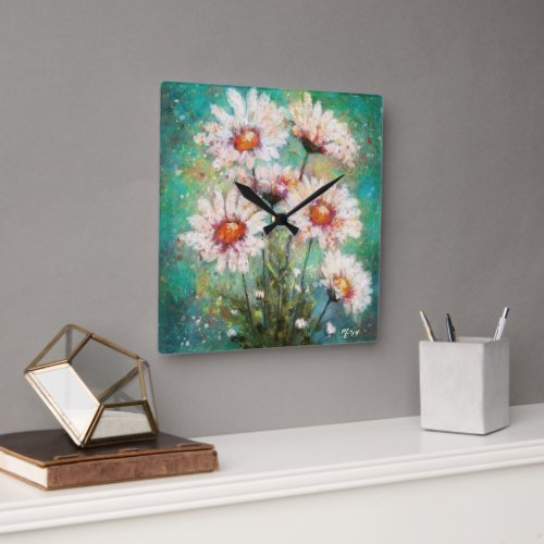 Daisies Impressionistic Floral Painting Teal Green Square Wall Clock
