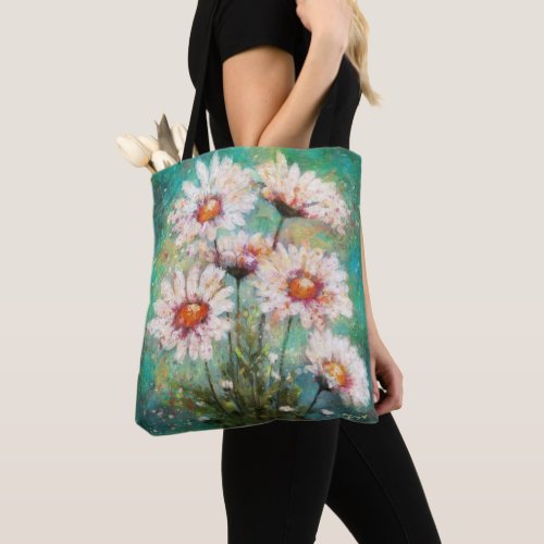 Daisies Impressionistic Floral Painting Teal Green Tote Bag