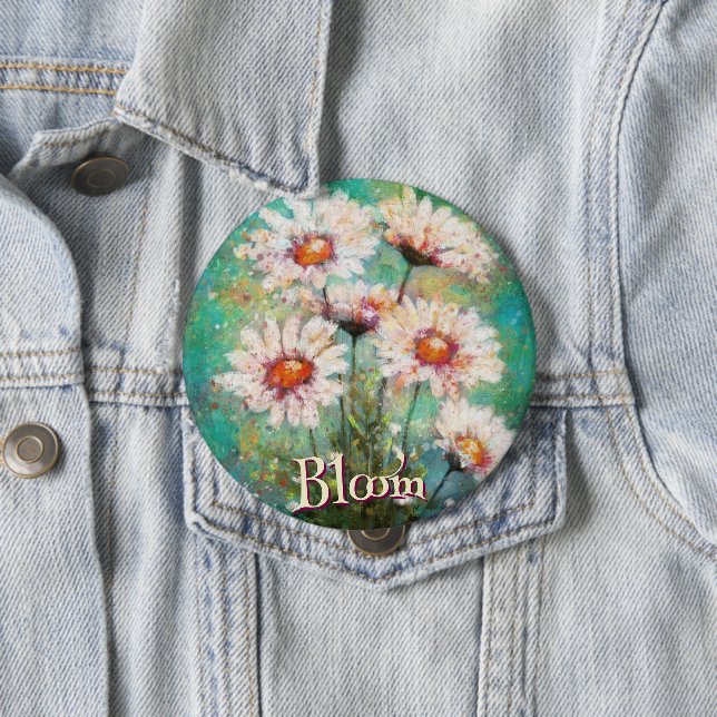 Daisies Impressionistic Floral Teal Personalized Button (In Situ)