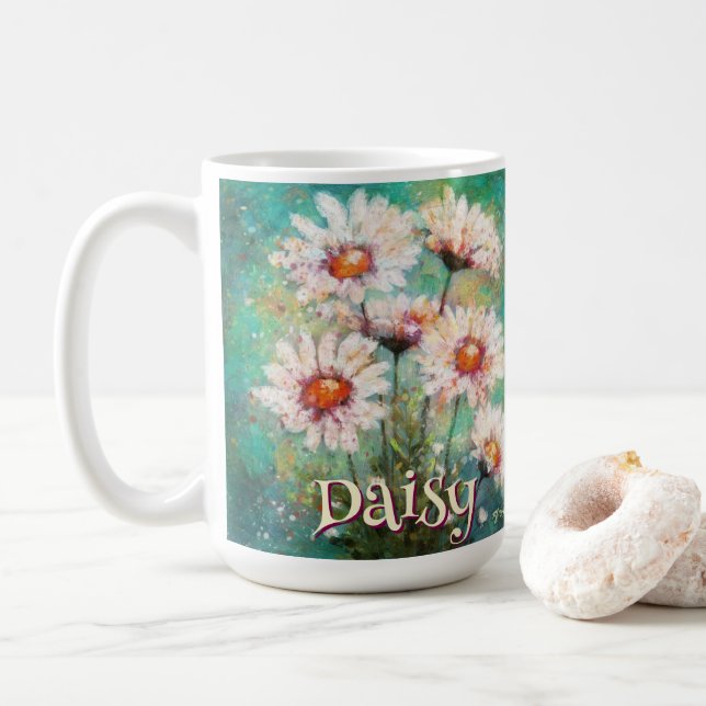 Daisies Impressionistic Floral Teal Personalized Coffee Mug (With Donut)