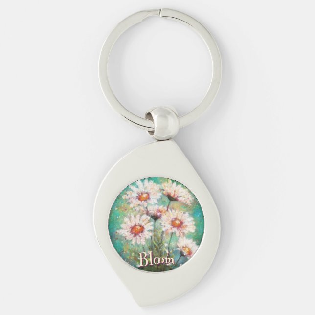 Daisies Impressionistic Floral Teal Personalized Keychain (Front)