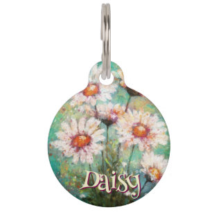 Daisies Impressionistic Floral Teal Personalized Pet ID Tag