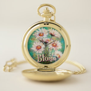 Daisies Impressionistic Floral Teal Personalized Pocket Watch