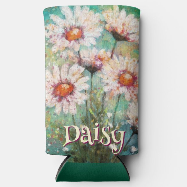 Daisies Impressionistic Floral Teal Personalized Seltzer Can Cooler (Front)