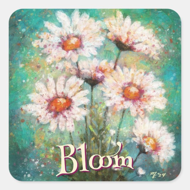 Daisies Impressionistic Floral Teal Personalized Square Sticker (Front)